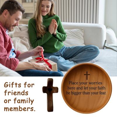 Yousheng Wooden Prayer Bowl Handcrafted Round Dough Bowl with Carved Pattern Faith Based Encouragement Gift for Christian Prayer