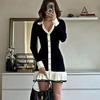 Ruffled Bow Knit Mini Dress Women's Backless Contrast Cardigan Lace-Up Elegant Dress Female Knitwear Bandage Dress