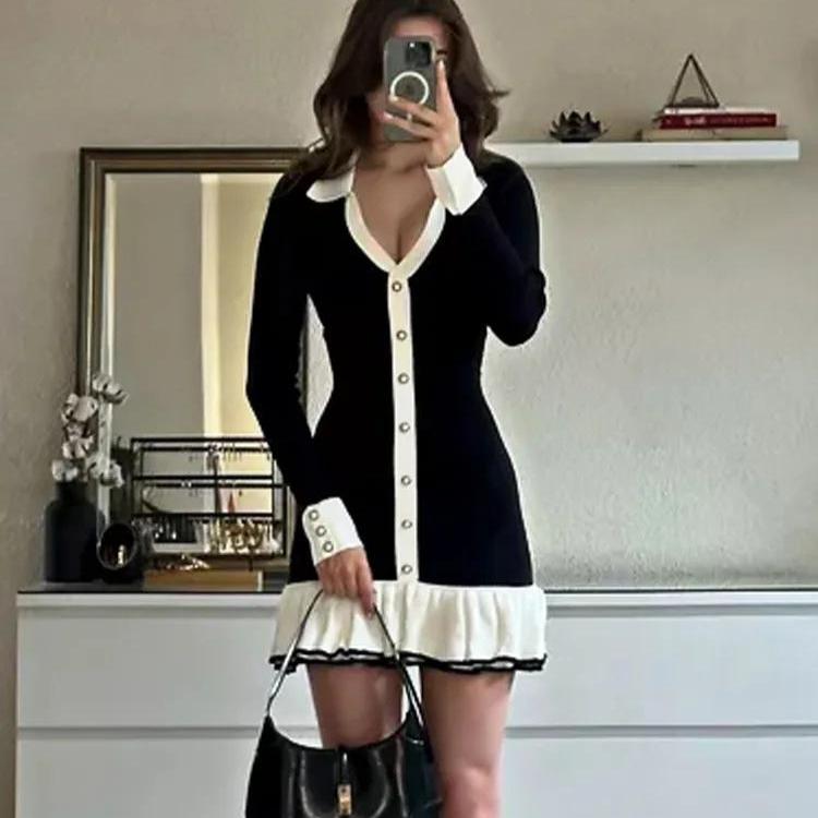 Mini abito in maglia con fiocco a volant da donna, cardigan a contrasto senza schiena, elegante abito allacciato, maglieria femminile, abito a fascia