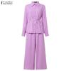 ZANZEA Bluzka z długim rękawem i spodnie damskie, casualowe dwuczęściowe zestawy garniturowe