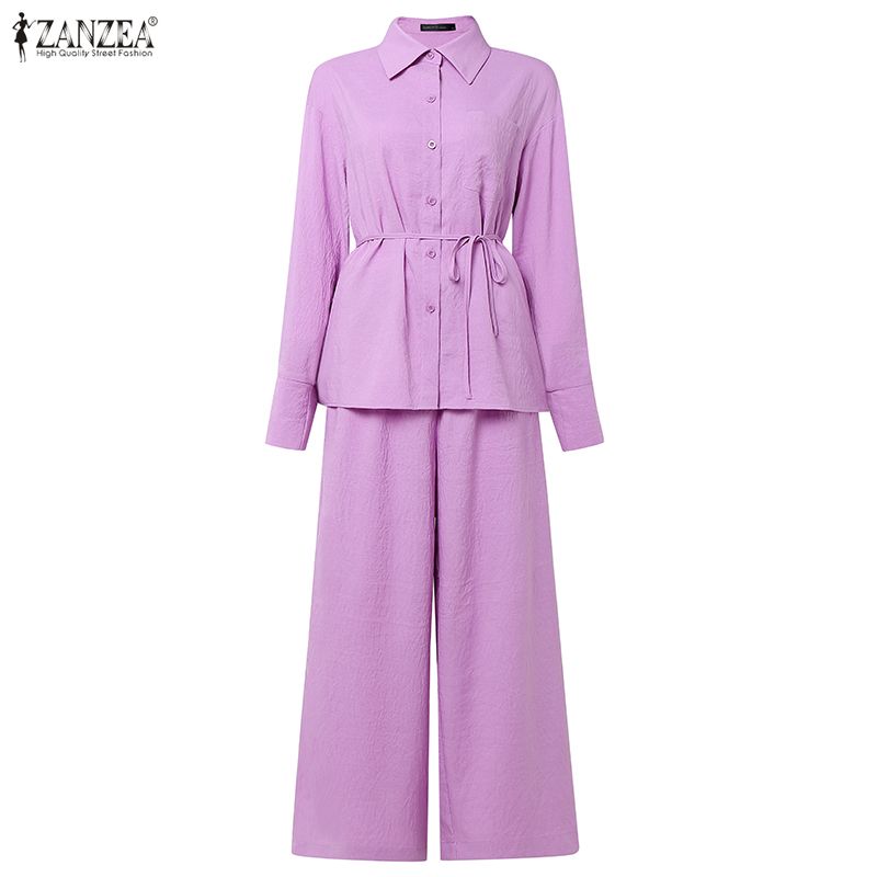 ZANZEA Bluzka z długim rękawem i spodnie damskie, casualowe dwuczęściowe zestawy garniturowe