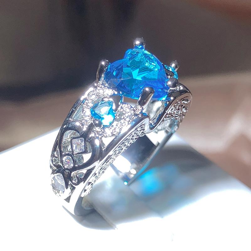 New Fashion Heart-shaped Blue Zirconia Ring Female 925 Stamp Hollow Geometric Jewelry Party Wedding Gift