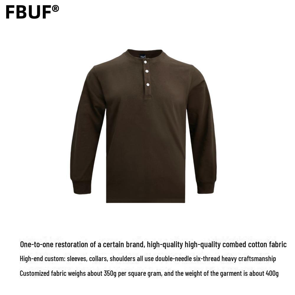 Men's Slim Fit Khaki Henley: 320g Cotton, Long Sleeve, Retro Style for Autumn