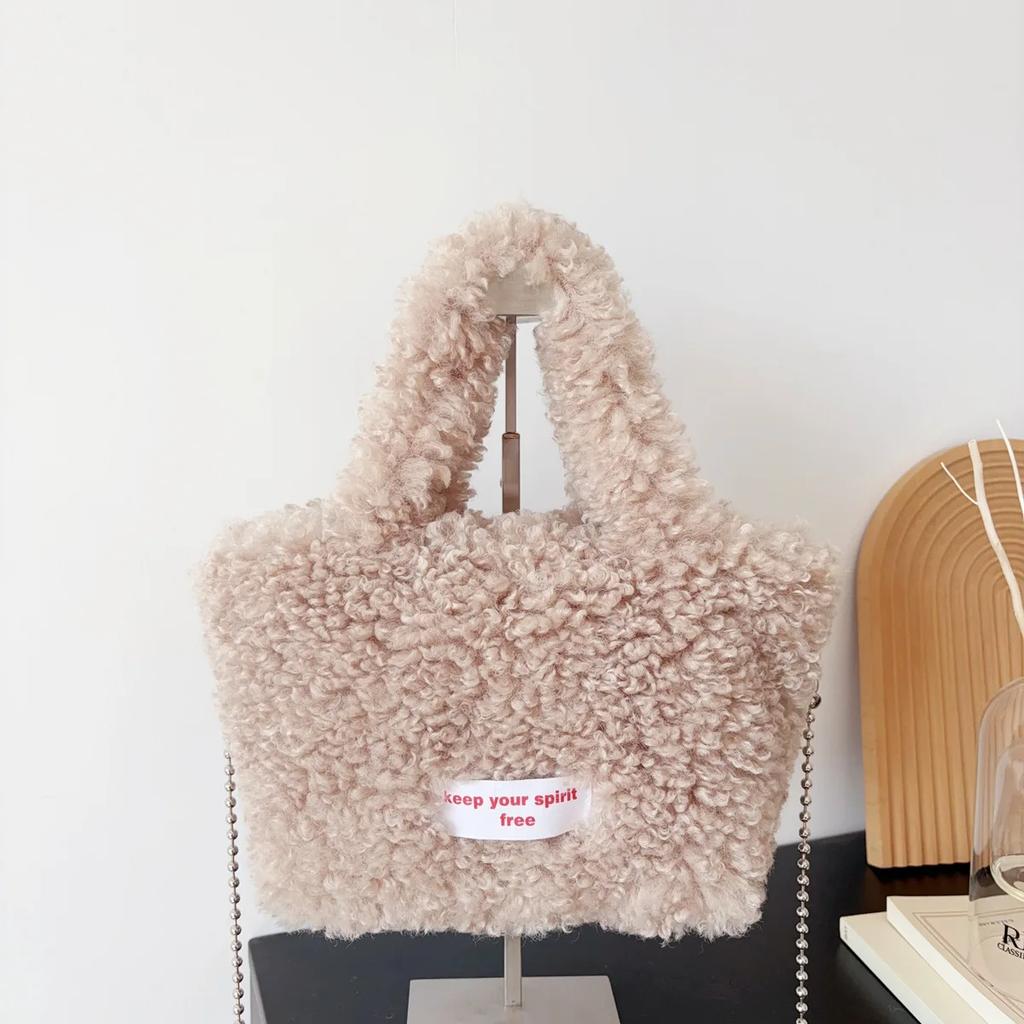 Casual Soft Plush Women's Handbags Tote Purse Simple Furry Ladies Bucket Crossbody Bags Faux Lamb Wool Female Shoulder Bag