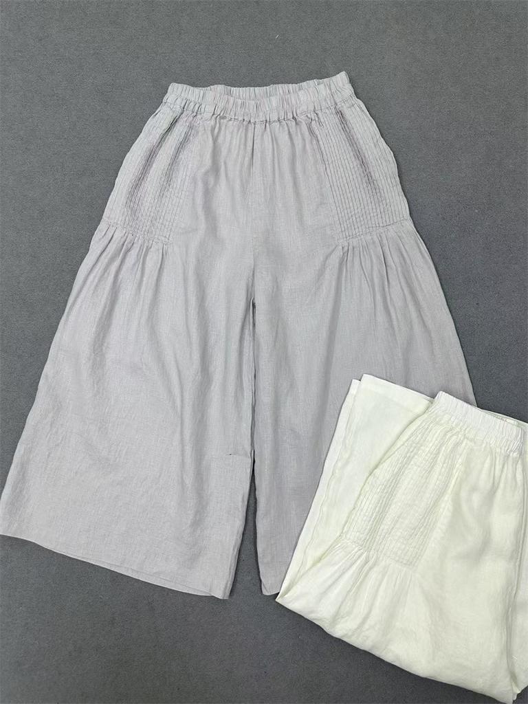 Johnature Summer Casual Loose Women Pleated Straight Cropped Cropped Wide-leg Pants For Women
