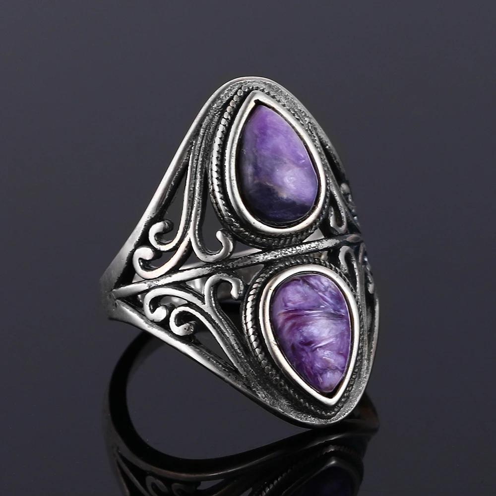Charms 6x9MM Natural Charoite Beads Rings Women's  CopperJewelry Vintage Ring Anniversary Party Gifts For Women
