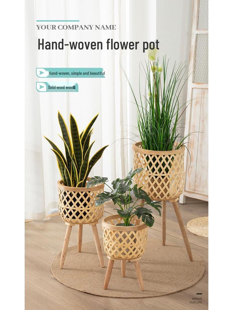 Nordic Style Bamboo Woven Plant Basket - Rattan Balcony Pothos Stand