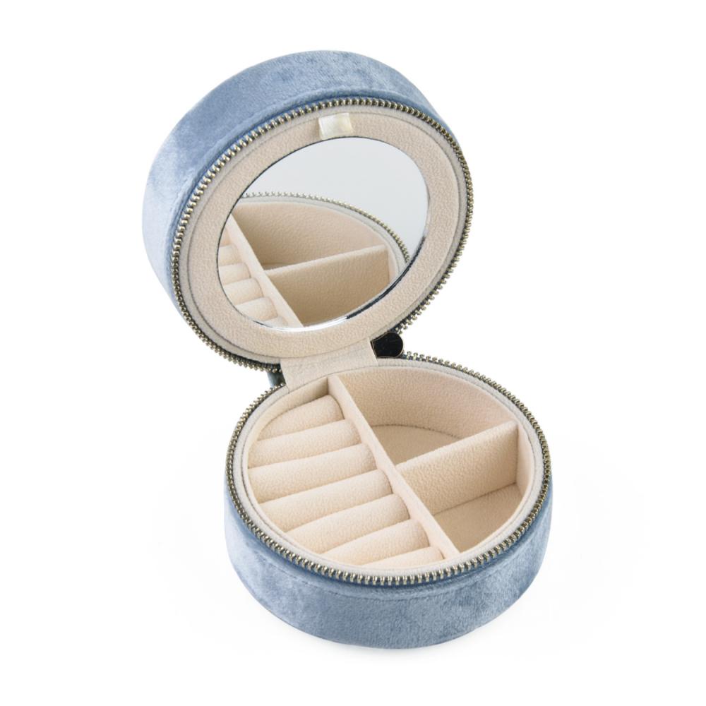 Custom Logo Round Velvet Jewelry Box with Mirror Portable Travel Zipper Rings Earrings Necklaces Jewelry Storage Box