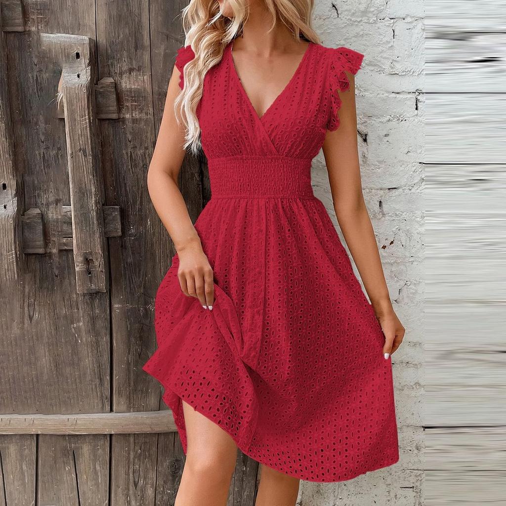 Summer Women's Dress Lace Hollow Out Slim V-Neck Elastic Waist  Dress Vacation Mid Length Dresses for Daily Wear