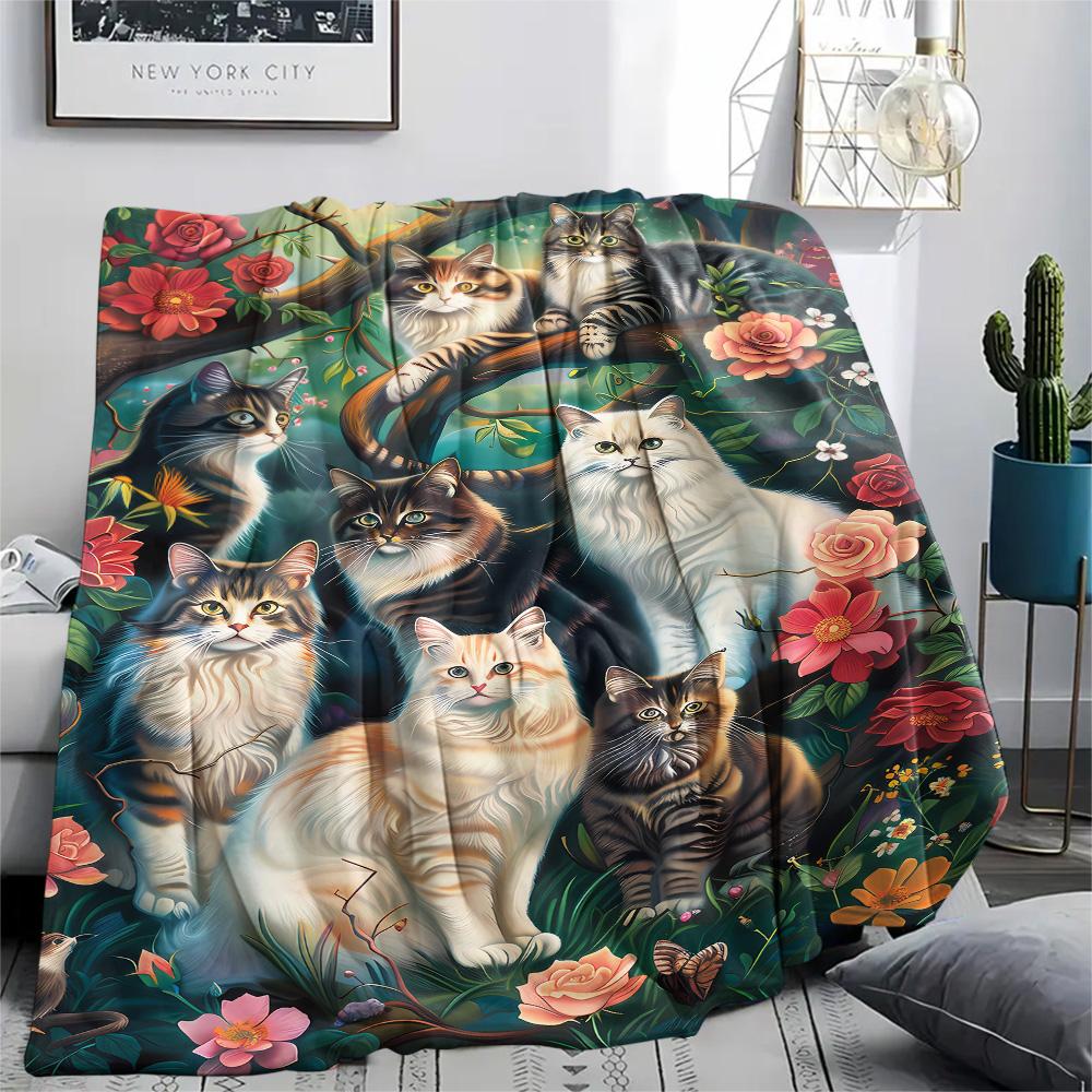 Kitty Print Flannel Blanket, High Quality Comfortable for All Seasons, Home Decor, Warmth and Comfort, Perfect for Christmas Gifts