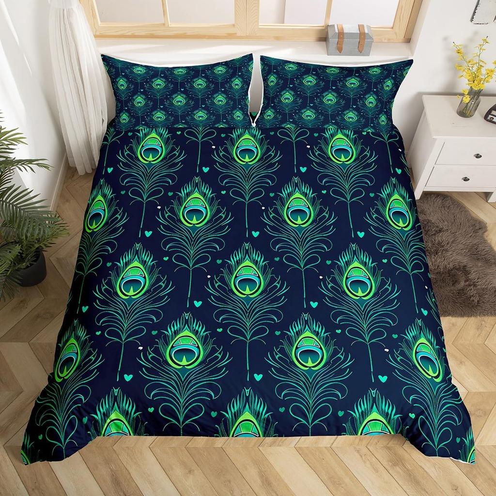 Peacock Feather Duvet Cover Queen Rustic Wildlife Woodland Animal Bedding Set for Boys Girls,Watercolor Peafowl Comforter Cover