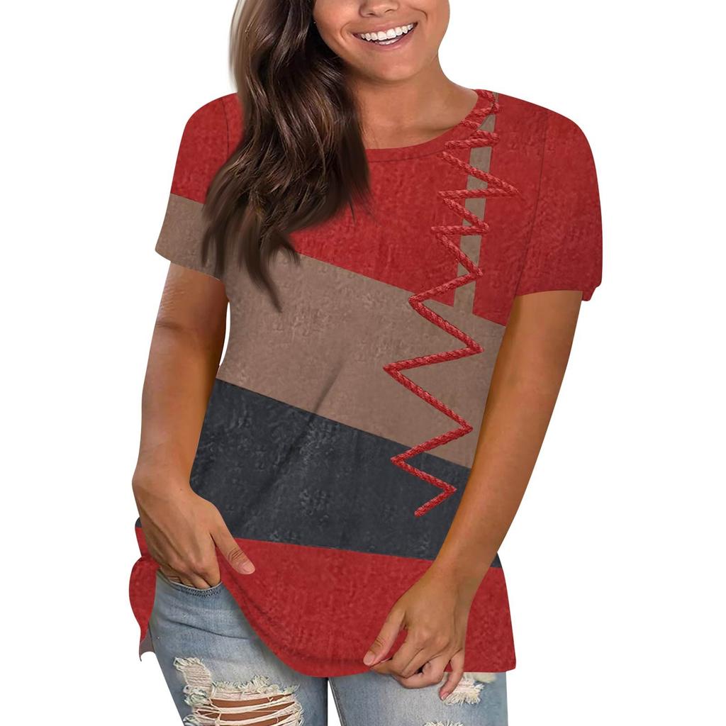 Women's Casual Loose Printed T-Shirt Round Neck Pullover Short Sleeve Top