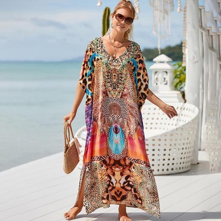 Colorful Printed Boho Beach Kaftan Dress Women Plus Size Maxi Summer Cover Up Rayon Bathing Suit