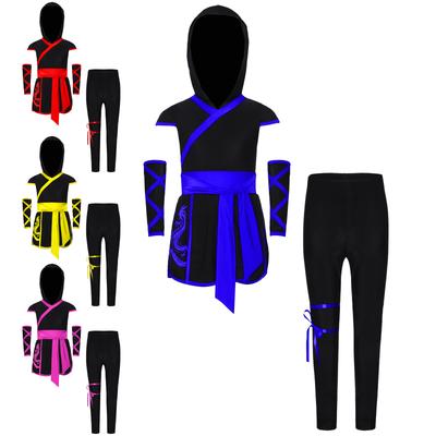 Unisex Kids Ninja Cosplay Outfit Dragon Print Hooded Top Wide Sash Split Hem Gloves Pants Set