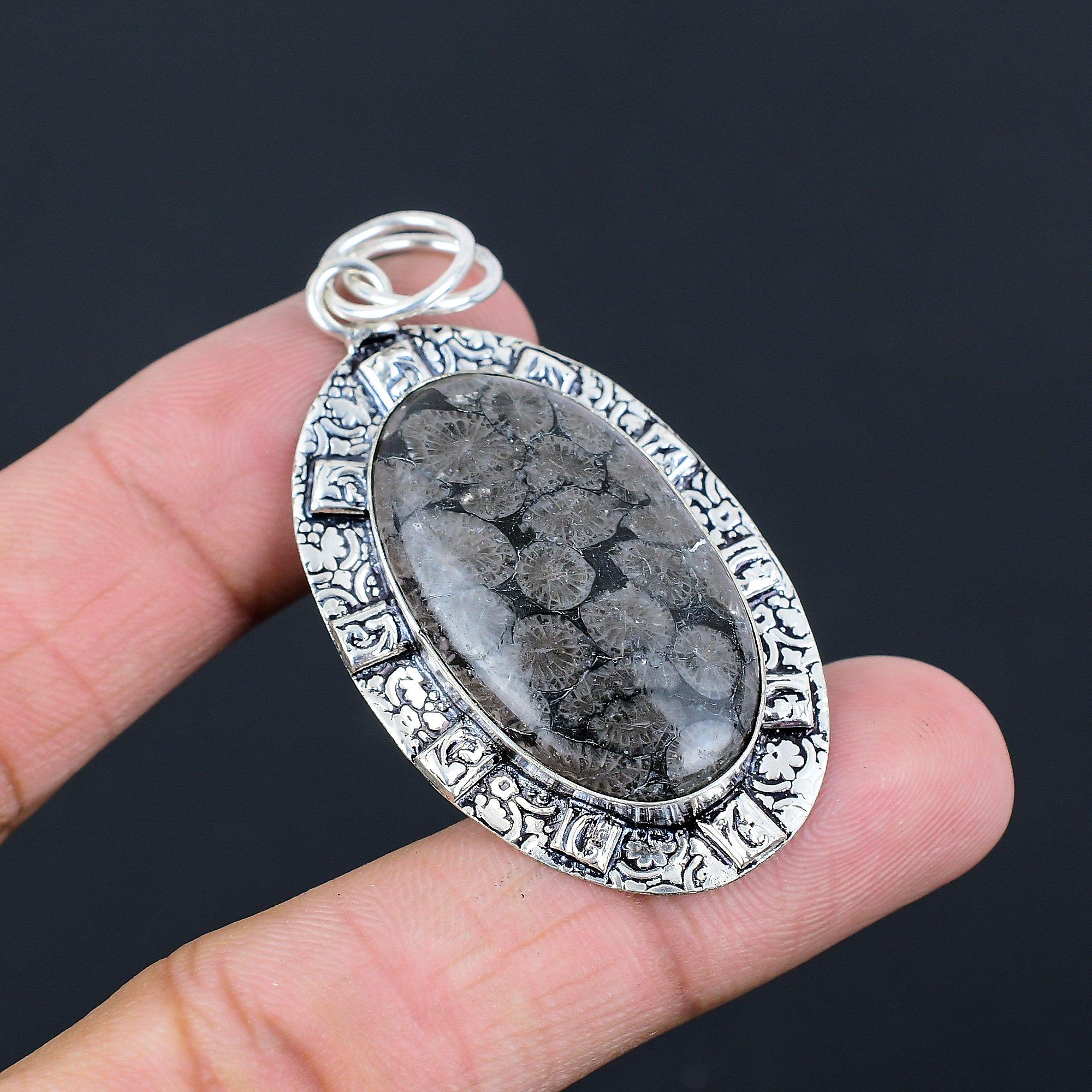

Wedding Gift For Her 925 Silver Natural Black Fossil Coral Gemstone Pendant