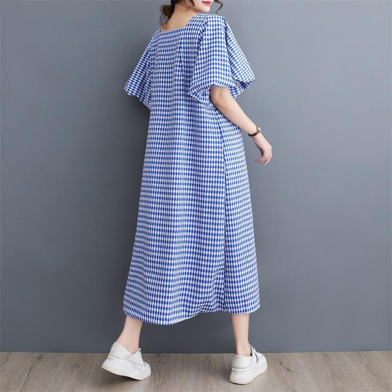 Real shot summer new literary loose cotton and linen plaid square neck short-sleeved dress women's medium and long