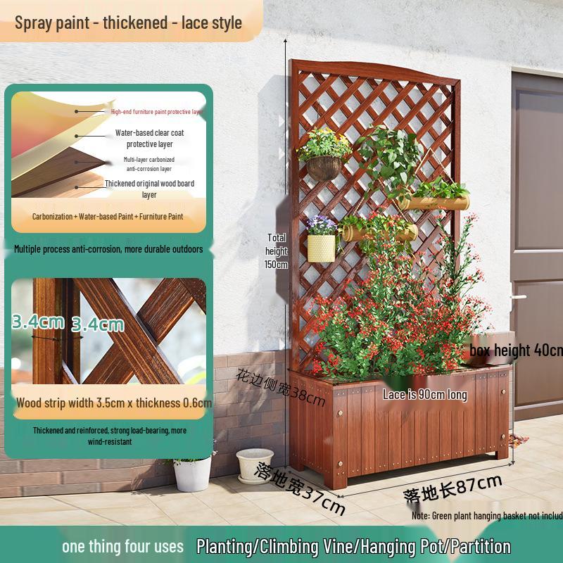 Carbonized Wooden Planter with Trellis: Outdoor Anticorrosive Flower Pot and Climbing Rack for Balcony or Garden.