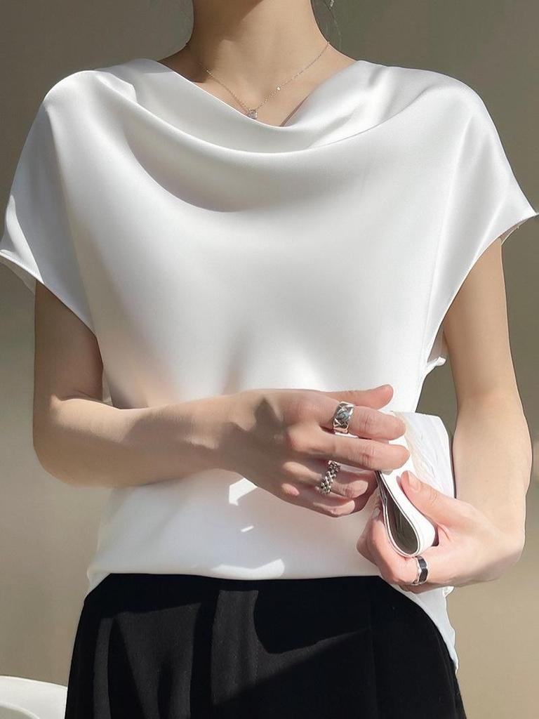 Women's French Style Ruffle Neck Short Sleeve Top - Solid Color Summer 2025