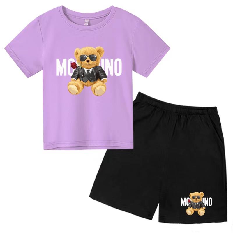 Children Summer Charming Rose Letter Bear Print T-shirt+Shorts Set Boys Girls Casual Toddler Sports First Choice Clothes