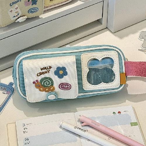 Pink Plaid Polka Dot Pencil Case Large Capacity Multi-Layer Pen Pouch for Middle School Girls Handheld Stationery Organizer
