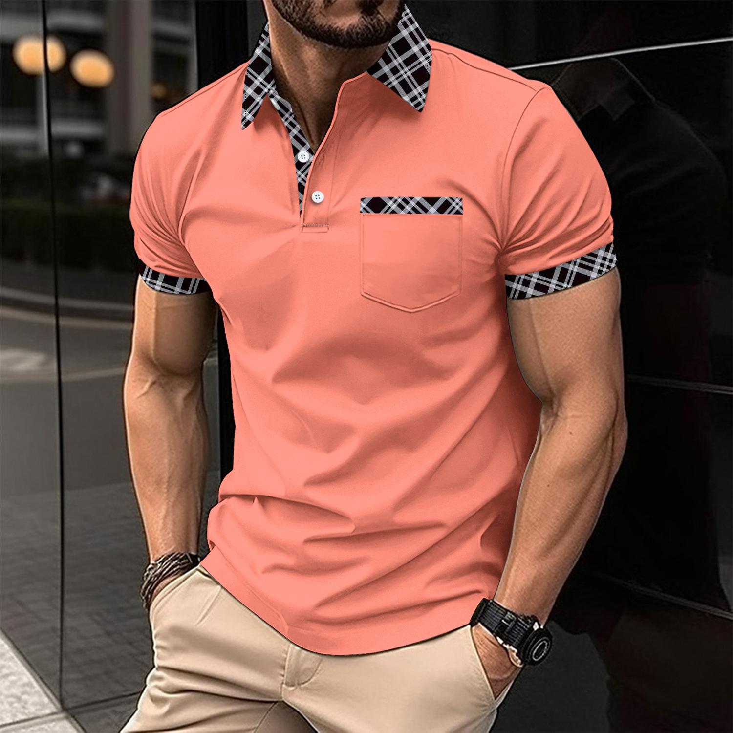 

New Men s Casual POLO Shirt Chest Pocket Lapel Short-sleeved Colour Blocking T-shirt Tops XXXL кавун червоний колір