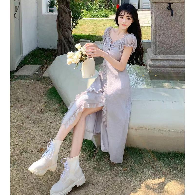 French retro Mori high-end chic dress summer short-sleeved wooden ear edge foreign style solid color split skirt