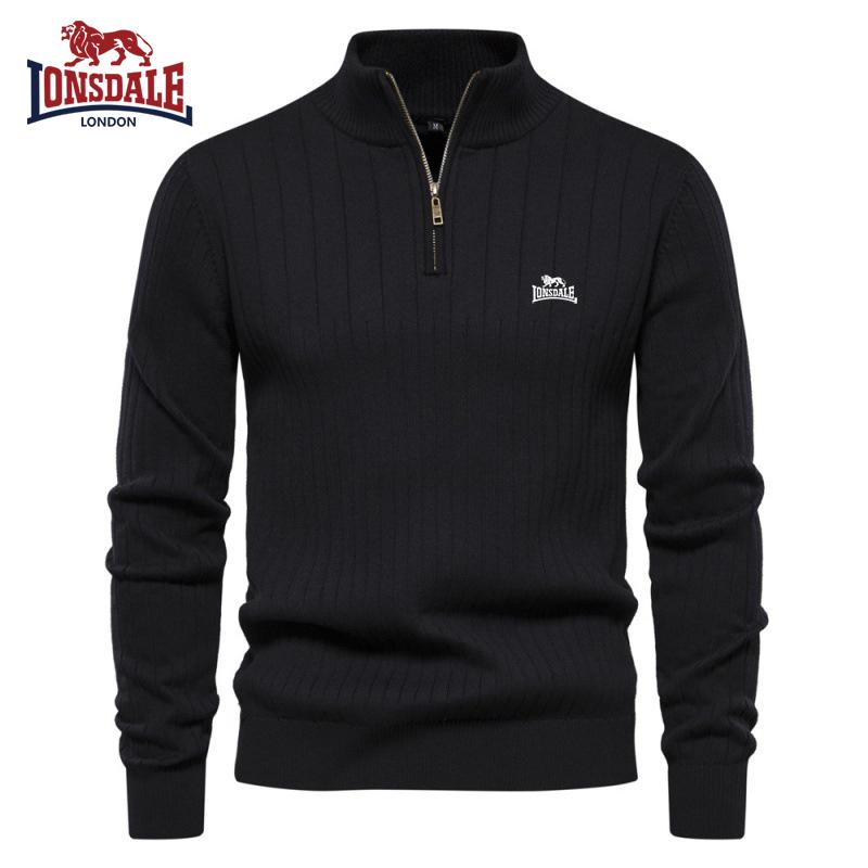 Lonsdale Вышитый воротник-стойка мужской хлопковый свитер повседневный однотонный пуловер с полумолнией высококачественный мужской вязаный свитер S