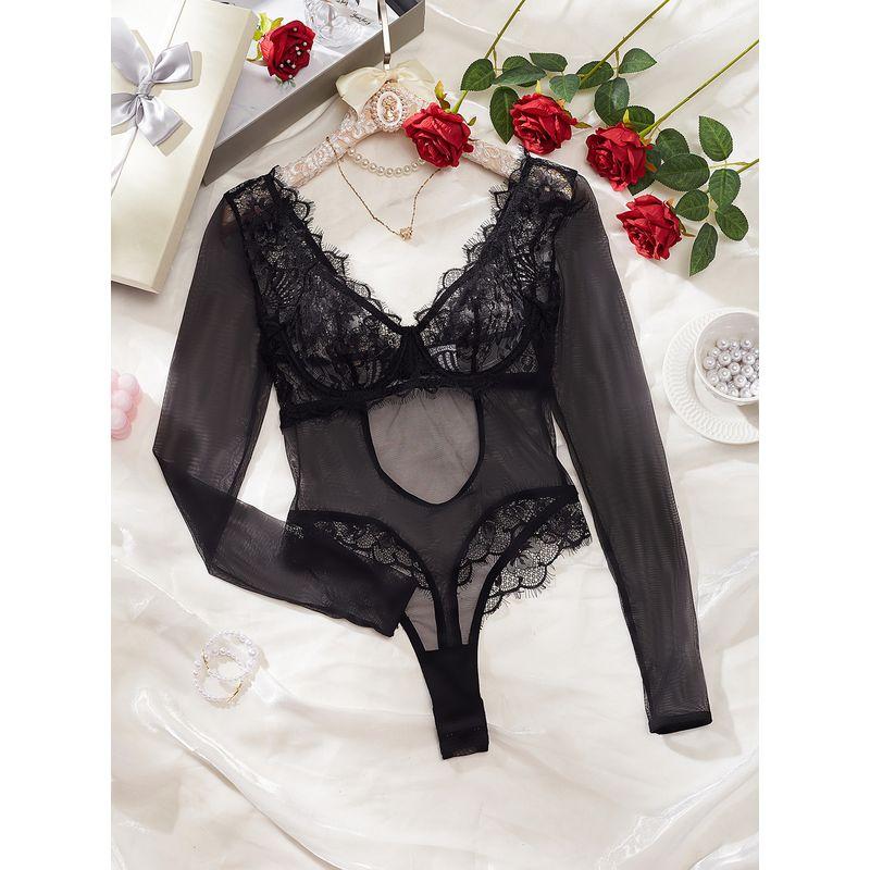 

Outwear Intimates Women s Jumpsuit Lace Mesh Sexy See-through Backless Bodysuit Women with Hidden Hook Adjustable Crotch Black with steel ring S