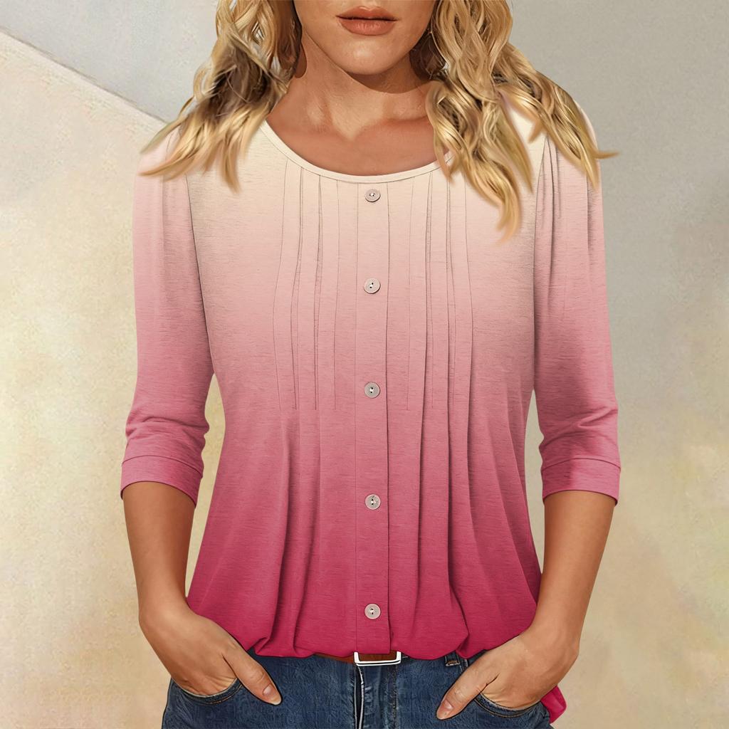 Women's Fashionable Casual Three-quarter Sleeve Button Gradient Round Neck Top