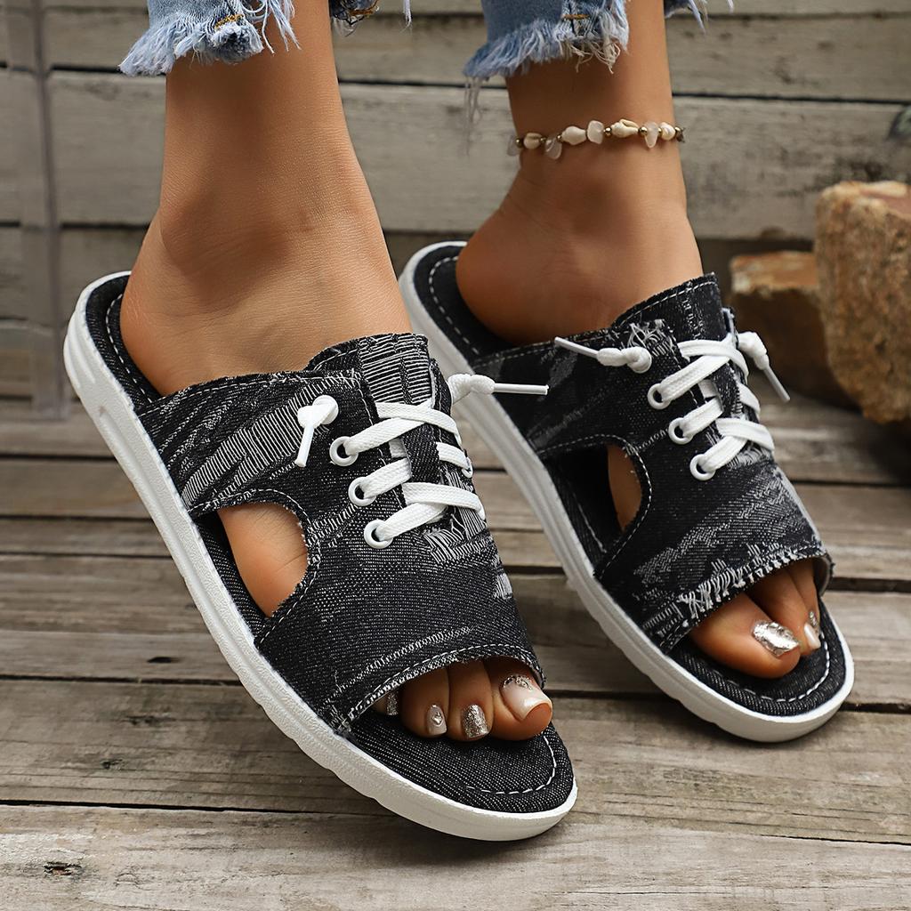 Summer New Large-sized Denim Fabric Lace-up Slip-on Sandals for Women - Round Toe Flat Casual Sandals