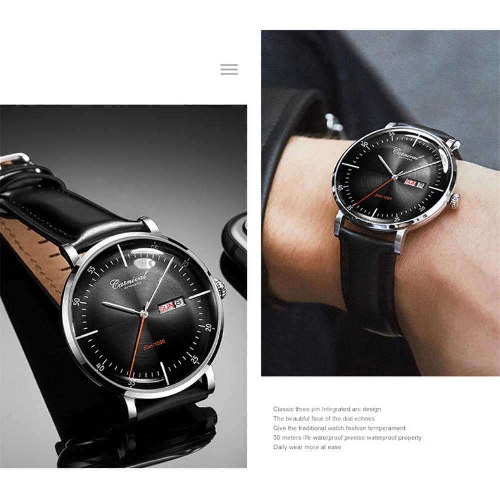 Carnival Marke 3D Gewölbtes Zifferblatt Luxus Automatikuhr für Mann Leder Wochentag Datum MIYOTA Mechanische Uhr Sport-Armbanduhr Männlich