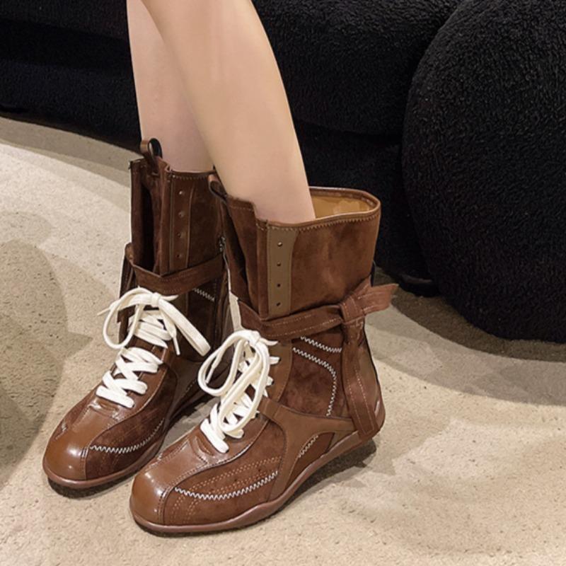 Fashion Spring New Flat Single Boot Women Fashion Round Head Front Lacing Soft Sole Anti-slip Wear-resistant Mid-calf Boots