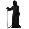 Fantasia de Halloween para crianças, fantasia misteriosa de terror de ceifador sombrio, olhos vermelhos frios, envia foice
