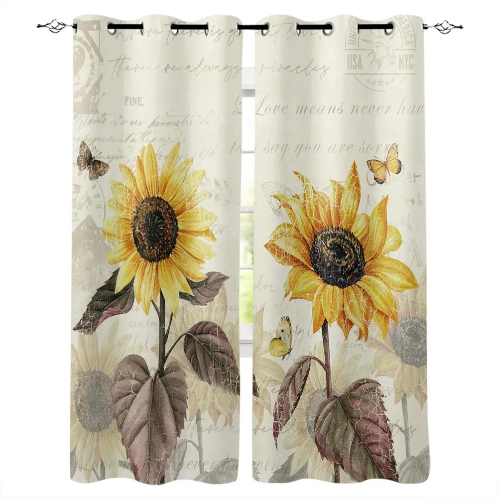 Sunflowers Pattern Design Vintage Beige Print Kitchen Curtain Window Treatment Living Interior Room Office Decor Drape for Kids Home Rest Room