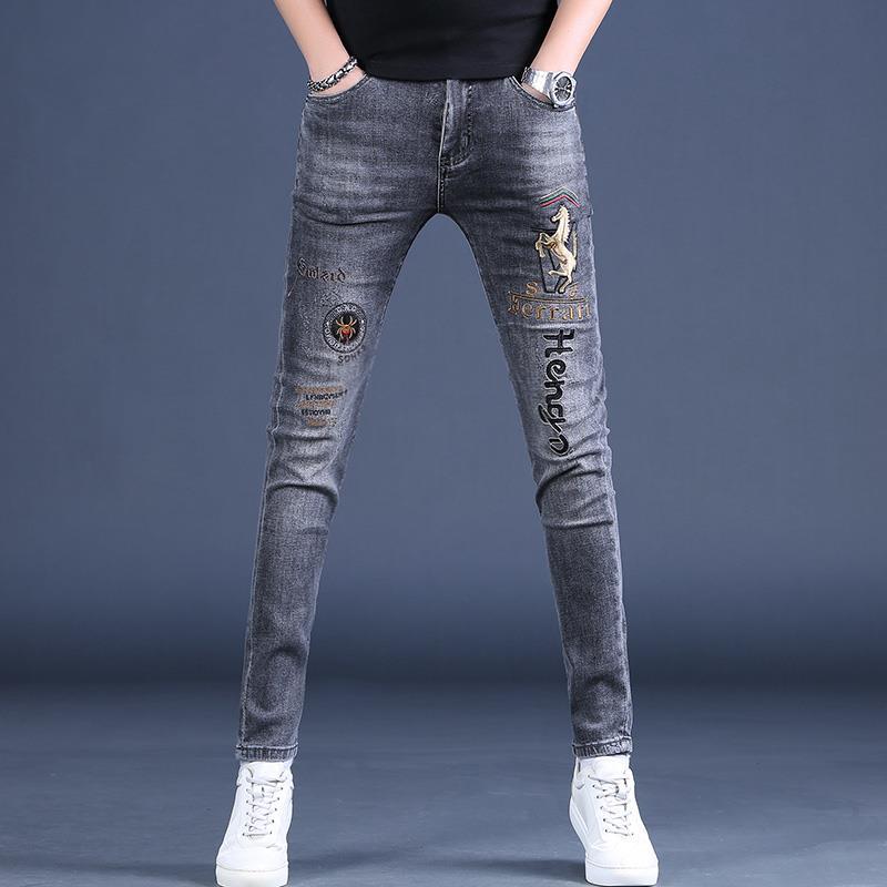 Men's European Pony Embroidered Skinny Jeans - Slim Fit, Trendy Spring/Autumn Wear