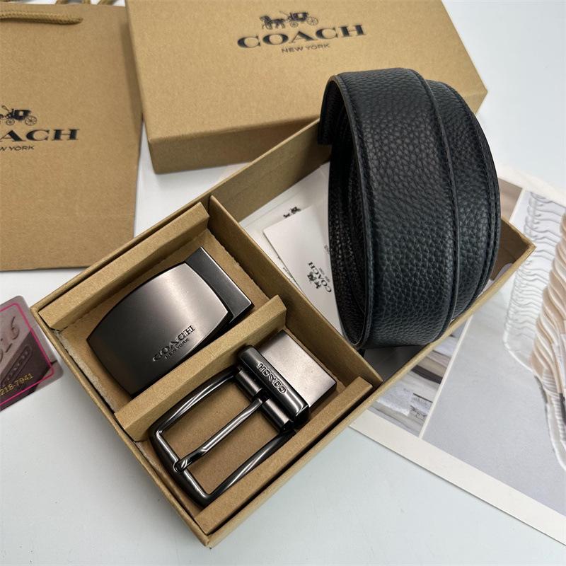 Men's Classic Double Buckle Leather Belt with C Buckle and Fabric Texture - Business Casual Trousers Accessory