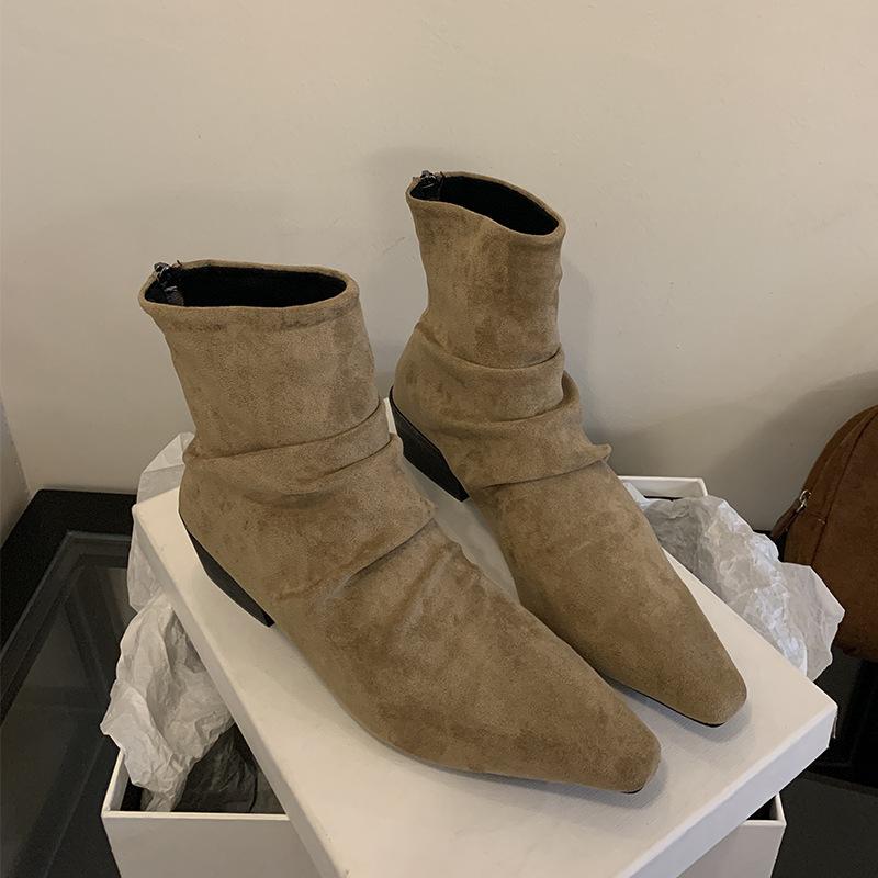 2025 nya matta mocka korta skaft franska veckade stapelstövlar dragkedja bak tjock klack mode retro western korta stövlar
