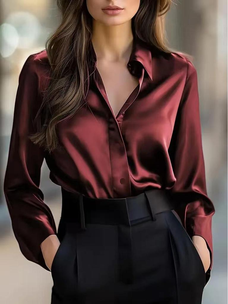 Cross2026 Women's Satin Long Sleeve Shirt - Autumn Fashion, Single Breasted Lapel, Plain Color for a Sophisticated Look