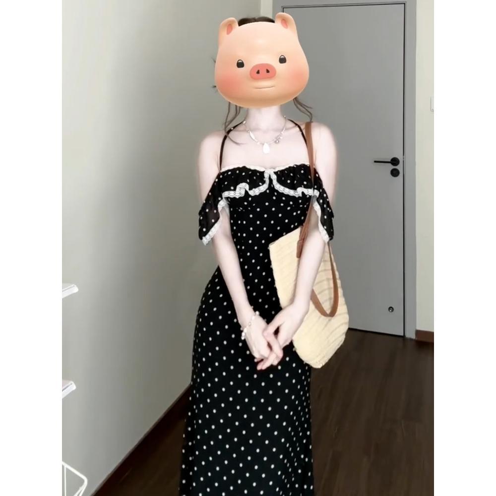 New Square Neck Lace Ruffle Edge Polka Dot Dress Children's New Summer Backless Waist Dress