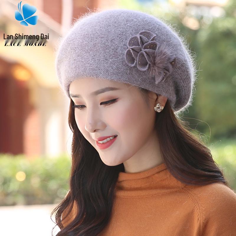 

Женский зимний модный вязаный шерстяной берет с кроличьим мехом - милая шапочка в корейском стиле One Size (Adult)