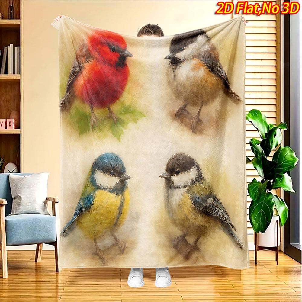 1pc 2D Flat Printing Spring & Summer New Arrival Four Cute Birds Themed Digital Print Blanket, Suitable for All Seasons, Casual Throw Blanket, 100% Po