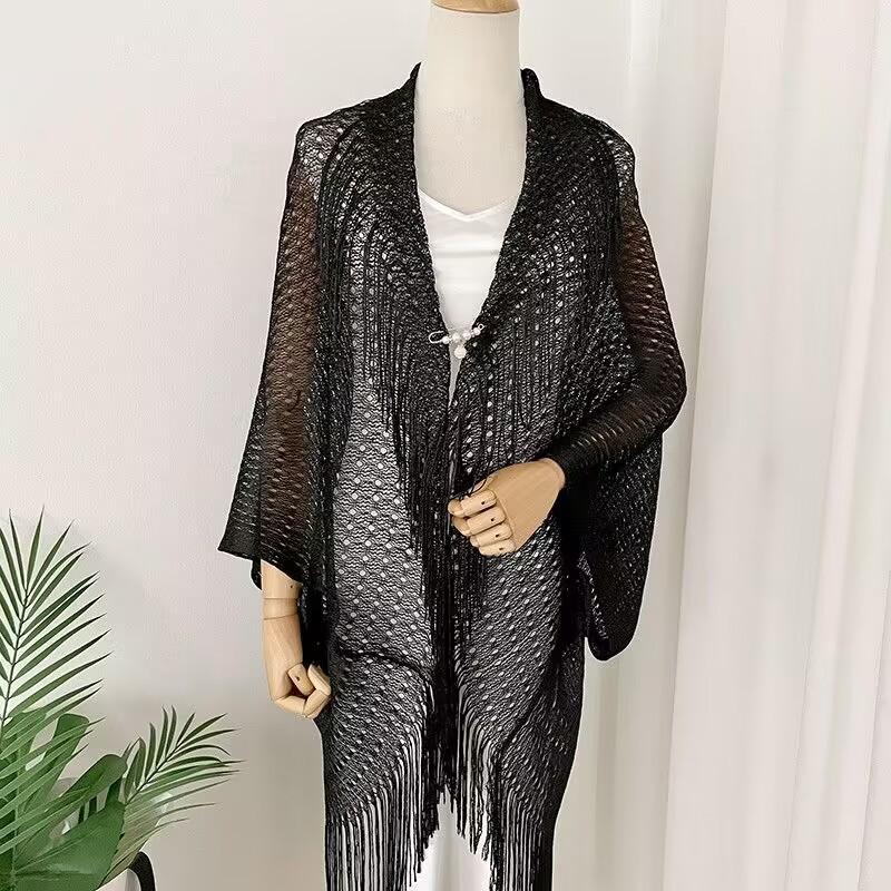 European-Style Gold Silk Split Shawl Women'S Thin Dinner Dress With Decorative Fringe Hollow-Out Sunscreen Scarf