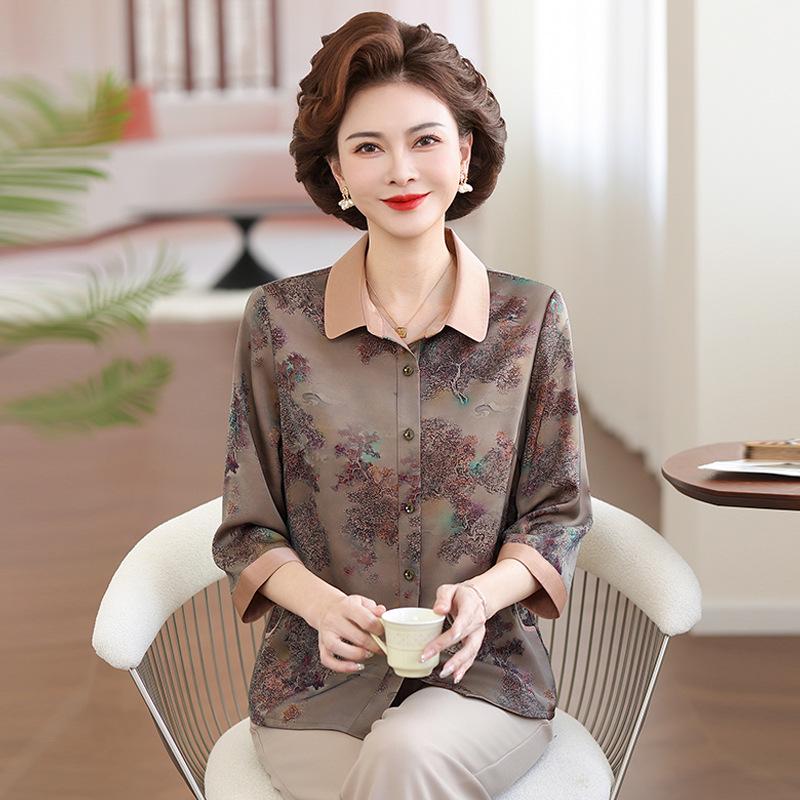 2026 Stylish Spring/Summer Seven-Sleeve Printed Shirt for Middle-Aged and Elderly Women