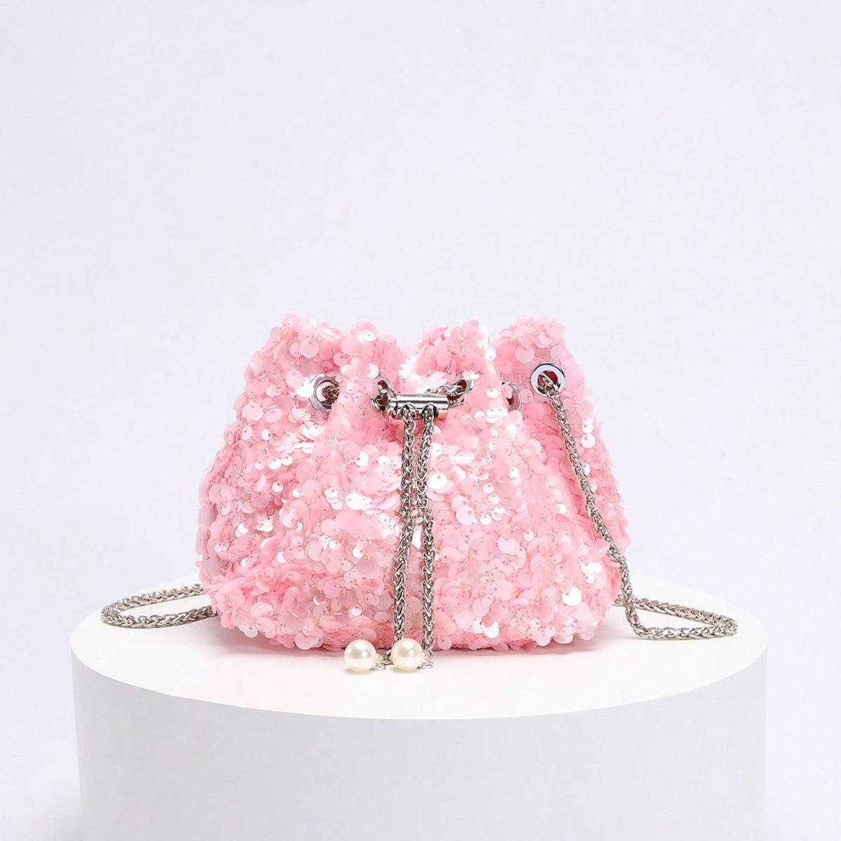 New Mini Sequin Bucket Bag, High-end and Fashionable Women s Bag, Pearl Chain Shoulder Crossbody Bag, Handbag розовый