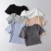 Women's European & American Style Crop Top: Generous Neckline, Tight Short Sleeves, Elastic, Sports Fitness Base Layer T-Shirt.