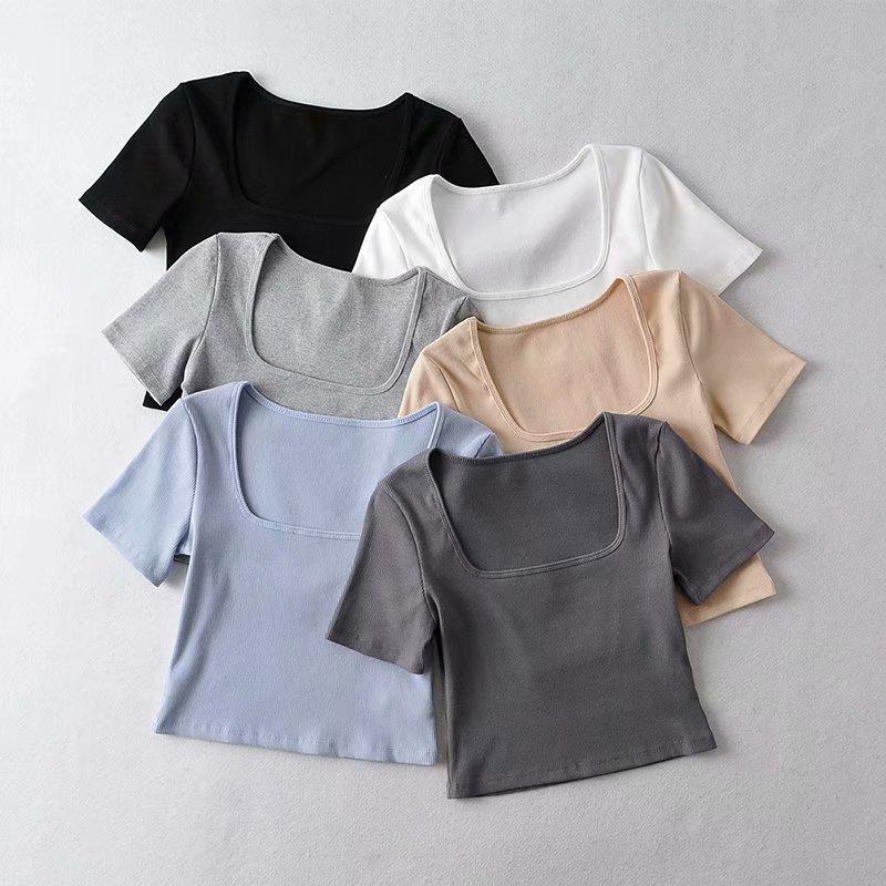 Women's European & American Style Crop Top: Generous Neckline, Tight Short Sleeves, Elastic, Sports Fitness Base Layer T-Shirt.