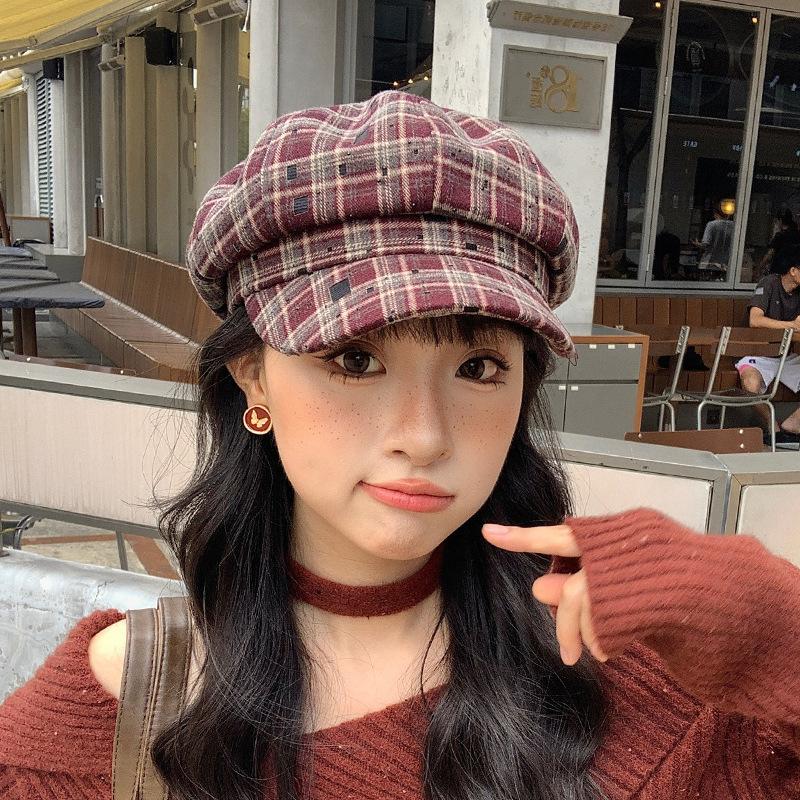 Plaid Octagonal Painter's Hat Women's Autumn and Winter Literary Retro Face Showing Small Cloud Hat Fashionable and Versatile Duck Beret