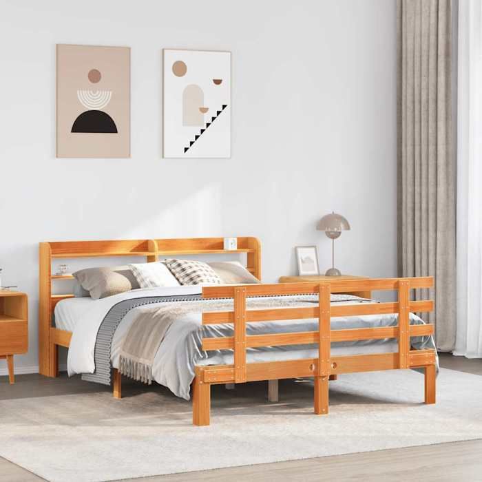 VidaXL Cadre de lit et tête de lit cire marron 150x200 cm bois de pin, lit, cadre de lit en bois massif, meuble de chambre à 3306872