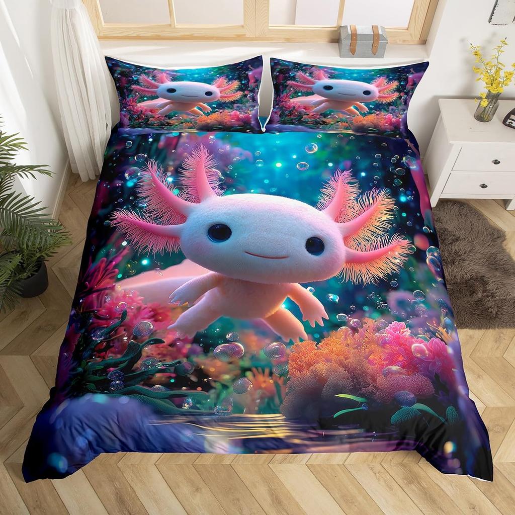Cartoon Axolotl Duvet Cover Queen Twin Size Salamander Bedding Set for Kids Boys Girls Kawaii Sealife Creature Comforter Cover