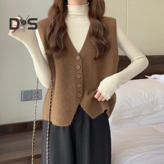 Jesień Zima Damska Kamizelka Dekolt w Serek Zapinana Na Guziki Jednolity Kolor Luźna Dzianina Gruba Utrzymuje Ciepło Bez Rękawów Luźny Sweter Top